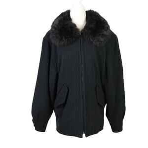 Vintage 80s black cashmere wool zip front jacket opossum fur collar 8
